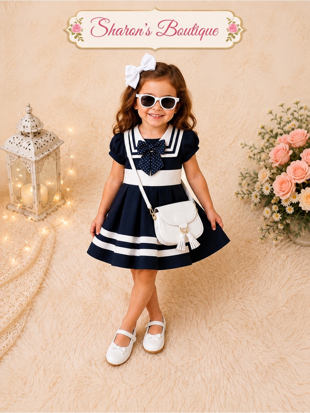 Bonnie Jean Girls 2T Navy Sailor Dress + Purse & Sunglasses Complete Set